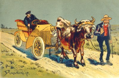 Cow pulling a motor car - a breakdown in the early days of motoring by Gustave Dore